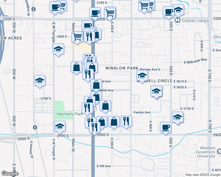 map of restaurants, bars, coffee shops, grocery stores, and more near 208 East Helm Avenue in South Salt Lake