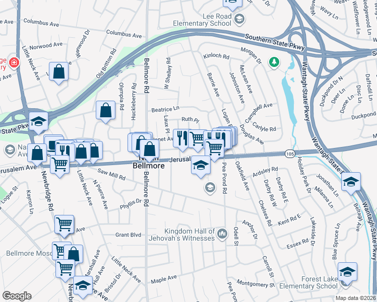 map of restaurants, bars, coffee shops, grocery stores, and more near 205 Doris Avenue in North Bellmore
