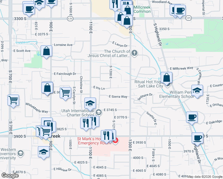 map of restaurants, bars, coffee shops, grocery stores, and more near 1204 East Iris Lane in Salt Lake City