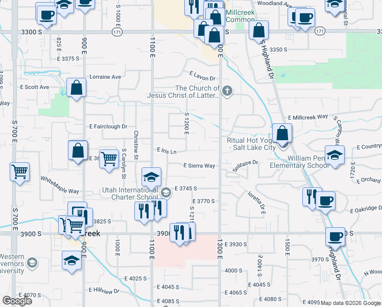 map of restaurants, bars, coffee shops, grocery stores, and more near 1216 East Iris Lane in Salt Lake City