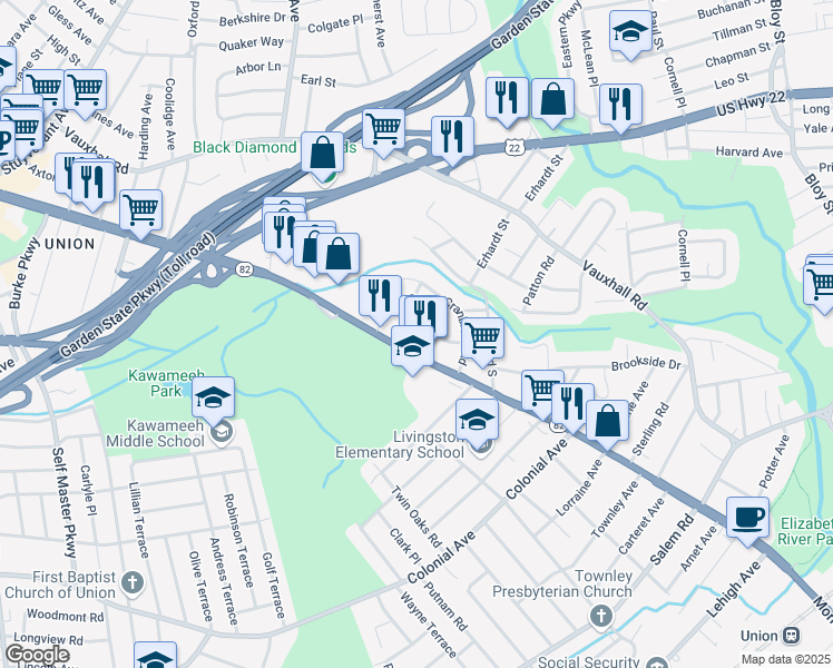 map of restaurants, bars, coffee shops, grocery stores, and more near 1580 Barton Road in Union