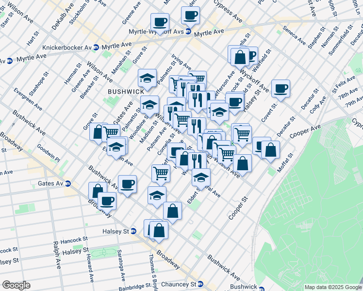 map of restaurants, bars, coffee shops, grocery stores, and more near 1266 Jefferson Avenue in Brooklyn