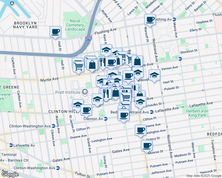 map of restaurants, bars, coffee shops, grocery stores, and more near 944 Kent Avenue in Brooklyn