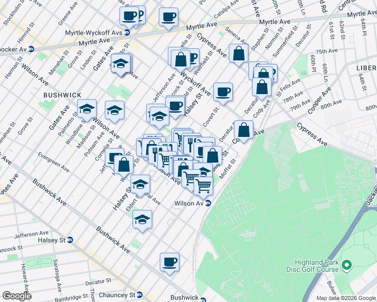 map of restaurants, bars, coffee shops, grocery stores, and more near 830 Knickerbocker Avenue in Brooklyn