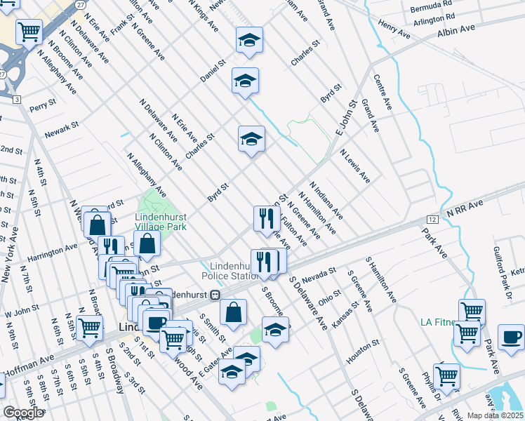 map of restaurants, bars, coffee shops, grocery stores, and more near 204 East John Street in Lindenhurst