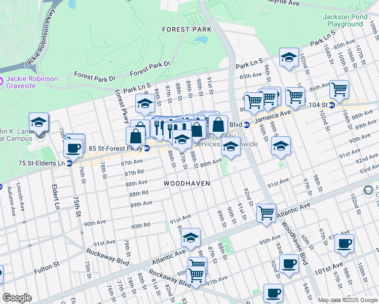 map of restaurants, bars, coffee shops, grocery stores, and more near 87-14 88th Street in Queens