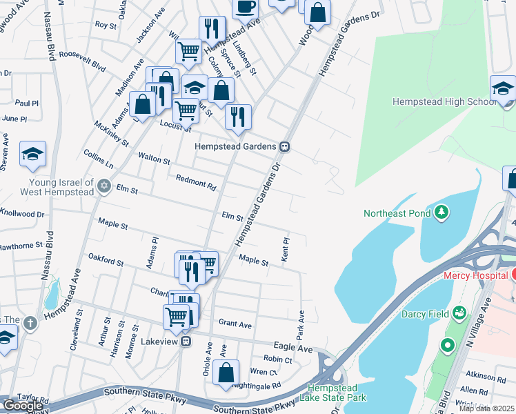 map of restaurants, bars, coffee shops, grocery stores, and more near in West Hempstead