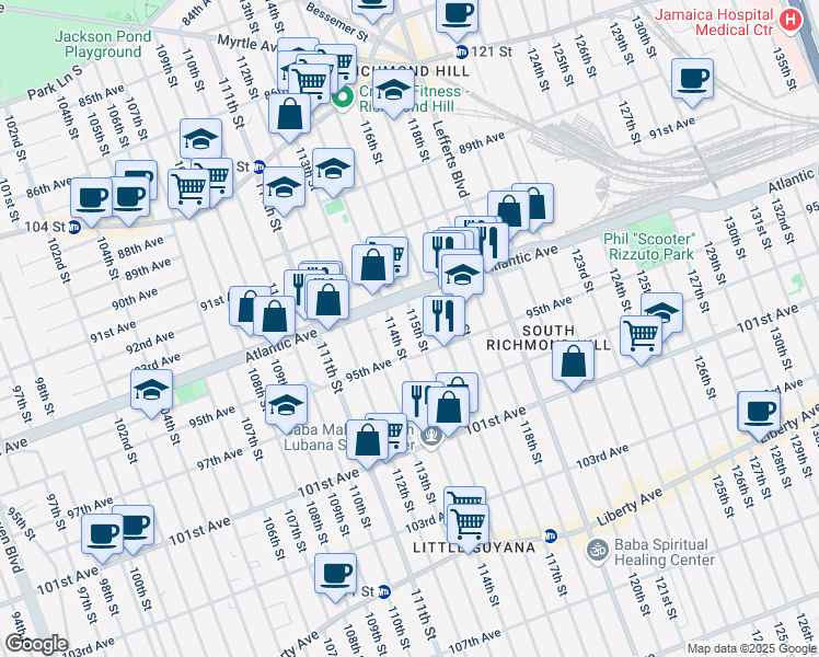 map of restaurants, bars, coffee shops, grocery stores, and more near 94-29 114th Street in Queens