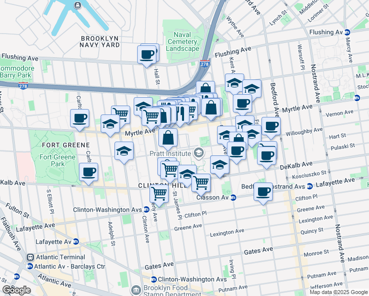 map of restaurants, bars, coffee shops, grocery stores, and more near 192 Grand Avenue in Brooklyn