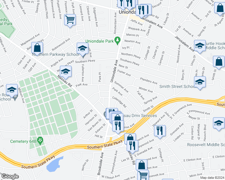 map of restaurants, bars, coffee shops, grocery stores, and more near 871 Uniondale Avenue in Uniondale