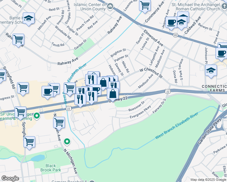 map of restaurants, bars, coffee shops, grocery stores, and more near 2180 U.S. 22 in Union