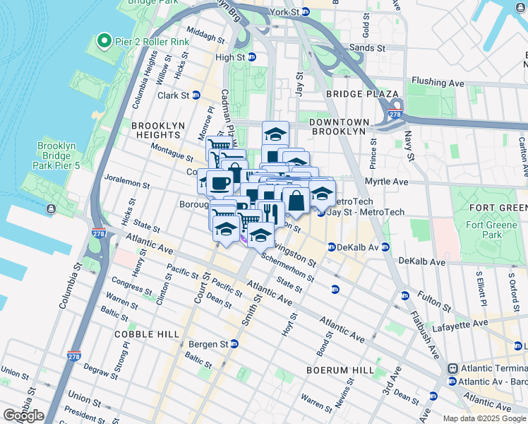 map of restaurants, bars, coffee shops, grocery stores, and more near 355 Adams Street in Brooklyn