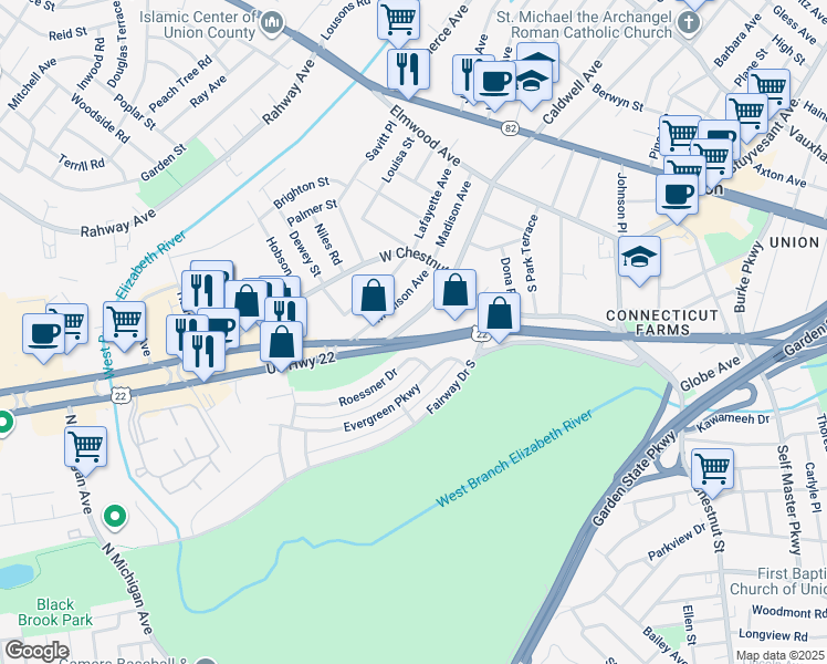 map of restaurants, bars, coffee shops, grocery stores, and more near 2095 U.S. 22 in Union