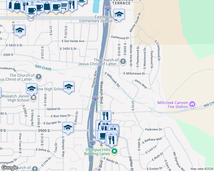map of restaurants, bars, coffee shops, grocery stores, and more near 3637 Wasatch Boulevard in Salt Lake City