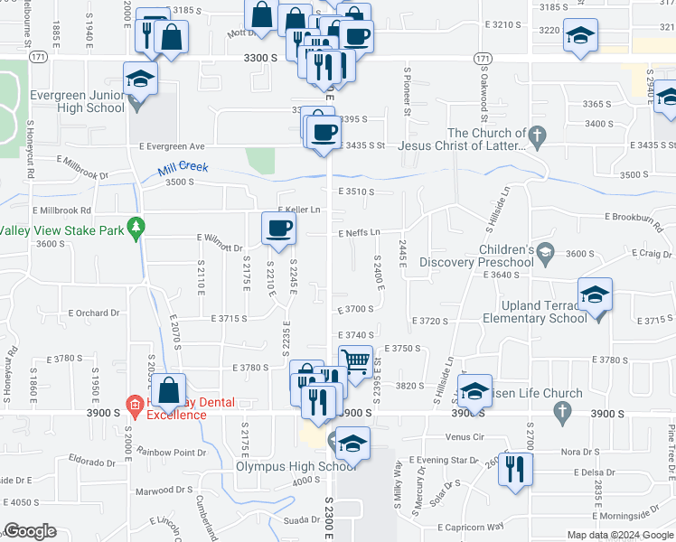 map of restaurants, bars, coffee shops, grocery stores, and more near 3643 South 2300 East in Salt Lake City