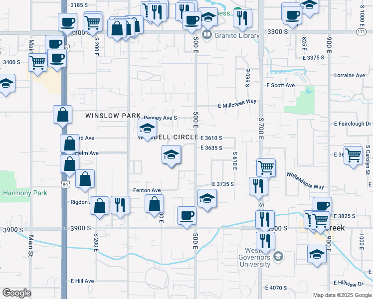 map of restaurants, bars, coffee shops, grocery stores, and more near 3646 500 East in South Salt Lake