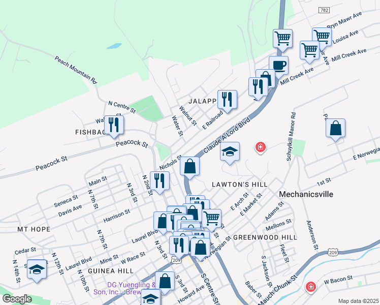 map of restaurants, bars, coffee shops, grocery stores, and more near 243 Nichols Street in Pottsville