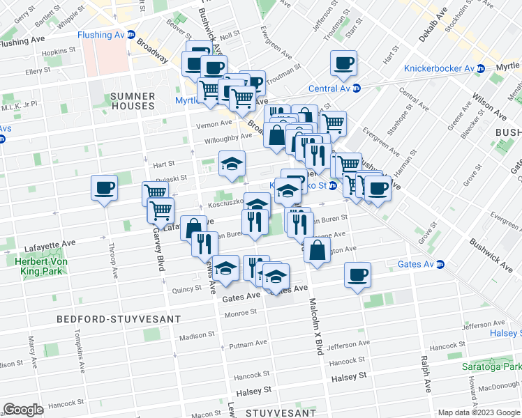 map of restaurants, bars, coffee shops, grocery stores, and more near 971A Lafayette Avenue in Brooklyn