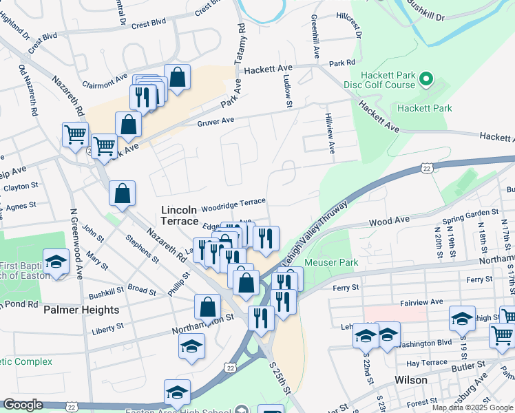 map of restaurants, bars, coffee shops, grocery stores, and more near 2310 Woodridge Terrace in Easton