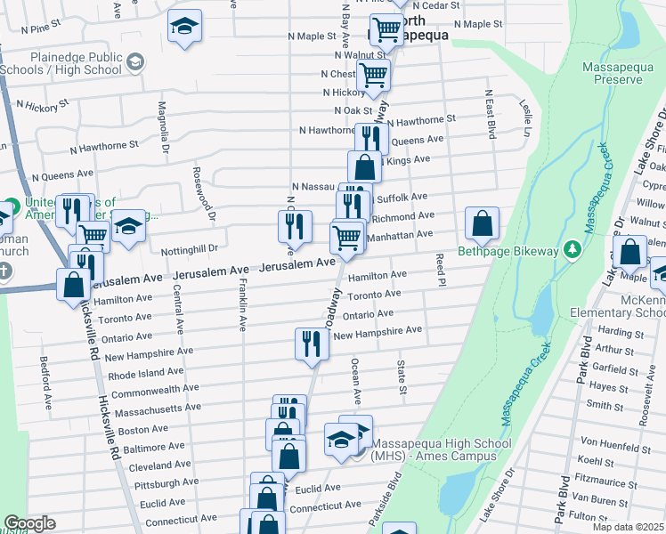 map of restaurants, bars, coffee shops, grocery stores, and more near 717 Broadway in Massapequa