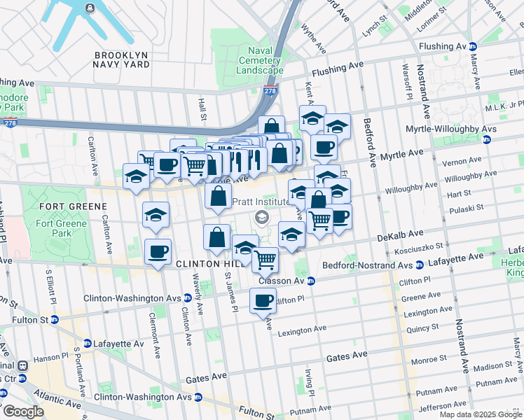 map of restaurants, bars, coffee shops, grocery stores, and more near 200 Willoughby Avenue in Brooklyn