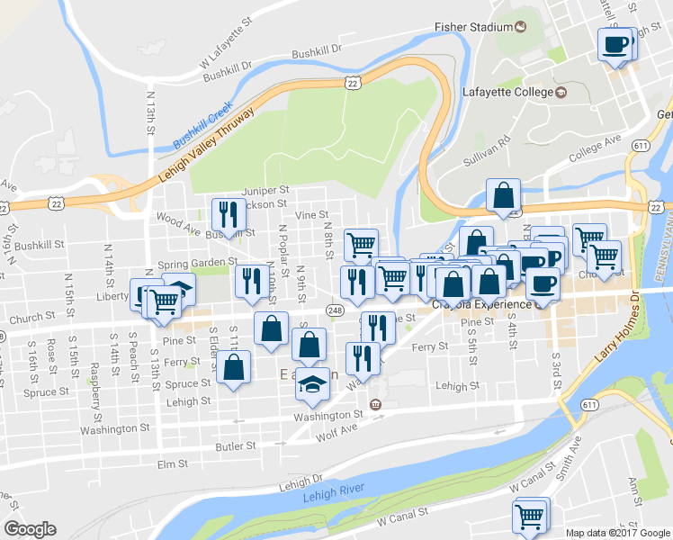map of restaurants, bars, coffee shops, grocery stores, and more near 47 North 8th Street in Easton