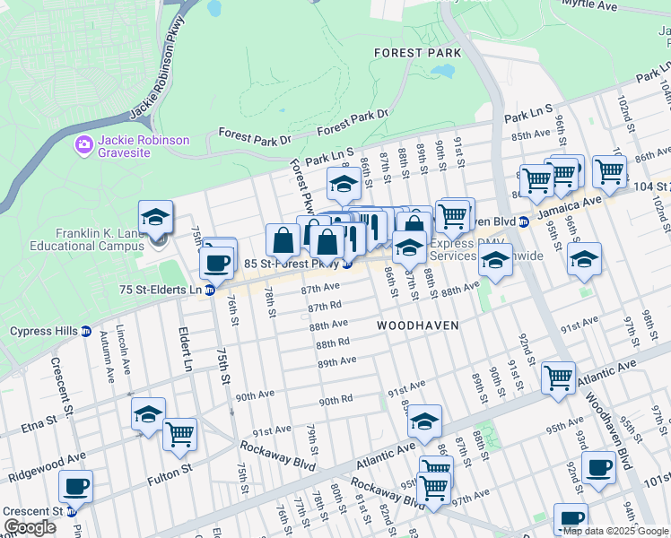 map of restaurants, bars, coffee shops, grocery stores, and more near 80-55 87th Avenue in Queens