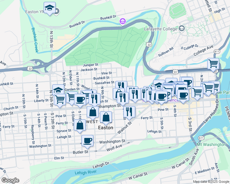 map of restaurants, bars, coffee shops, grocery stores, and more near 47 North 8th Street in Easton