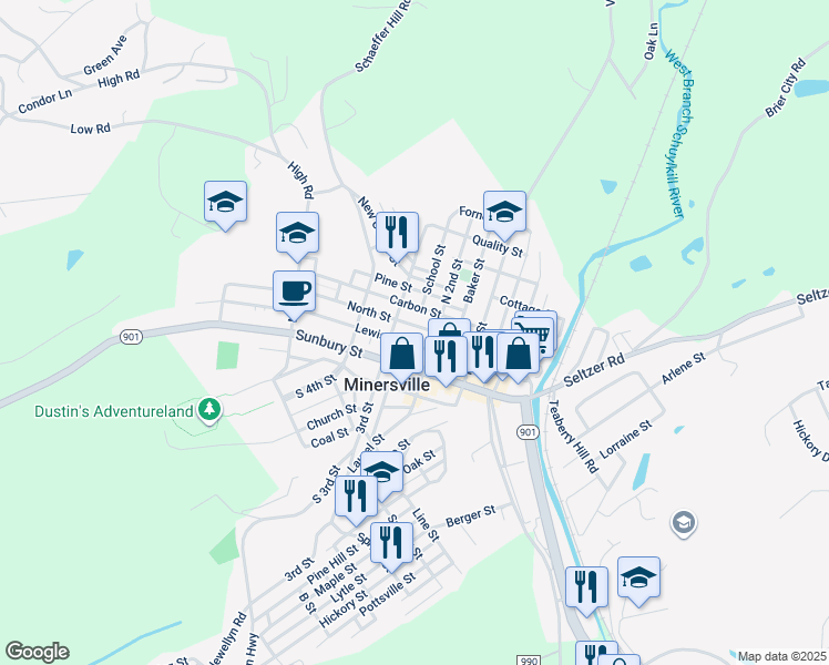 map of restaurants, bars, coffee shops, grocery stores, and more near 225 North Street in Minersville