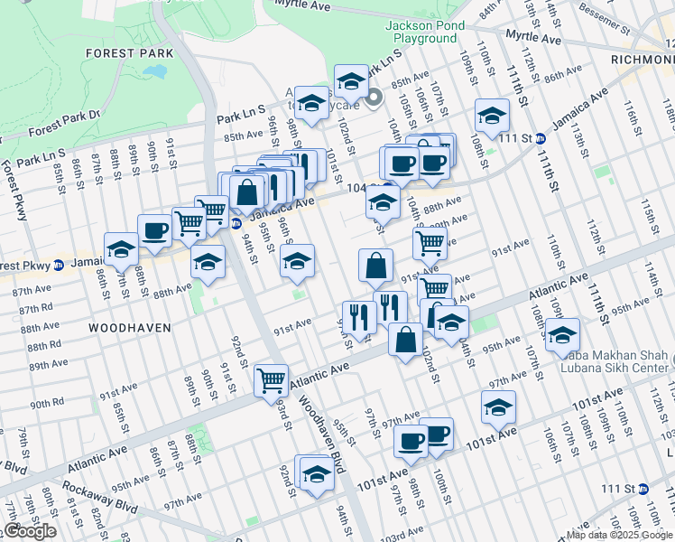 map of restaurants, bars, coffee shops, grocery stores, and more near 89-14 98th Street in Queens