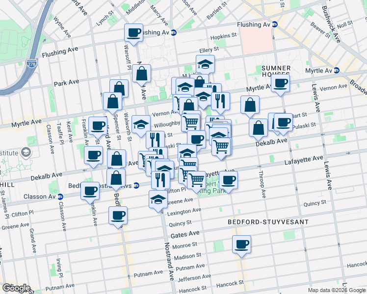 map of restaurants, bars, coffee shops, grocery stores, and more near 60 Pulaski Street in Brooklyn