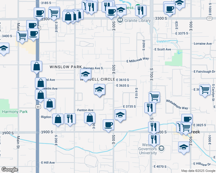 map of restaurants, bars, coffee shops, grocery stores, and more near 3646 500 East in South Salt Lake