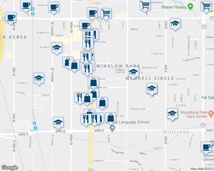 map of restaurants, bars, coffee shops, grocery stores, and more near 153 East Helm Avenue in South Salt Lake