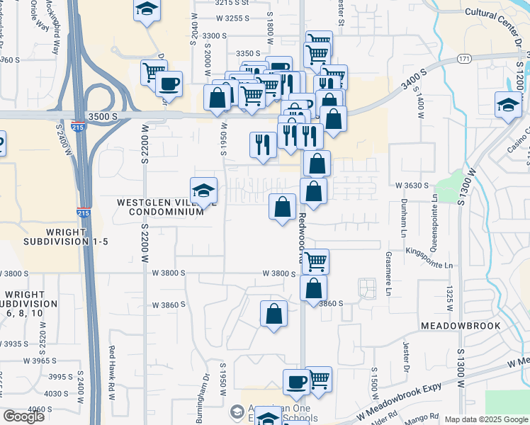 map of restaurants, bars, coffee shops, grocery stores, and more near 3672 South Redwood Road in West Valley City