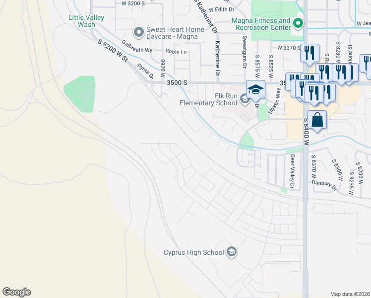 map of restaurants, bars, coffee shops, grocery stores, and more near 3638 Blazing Oak Drive in Magna