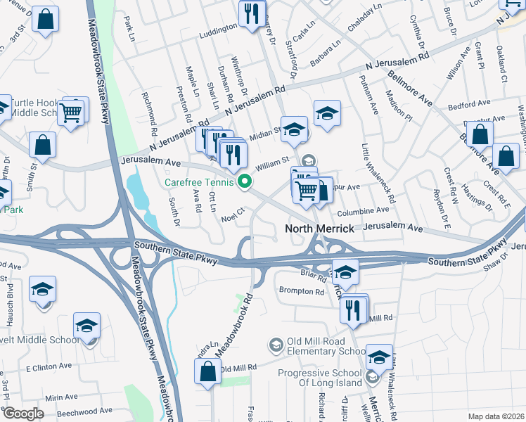 map of restaurants, bars, coffee shops, grocery stores, and more near 1175 Meadowbrook Road in Merrick