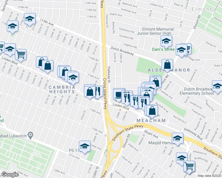 map of restaurants, bars, coffee shops, grocery stores, and more near 11603 Parkway Drive in Elmont