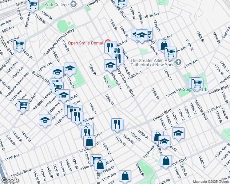 map of restaurants, bars, coffee shops, grocery stores, and more near 110-16 160th Street in Queens