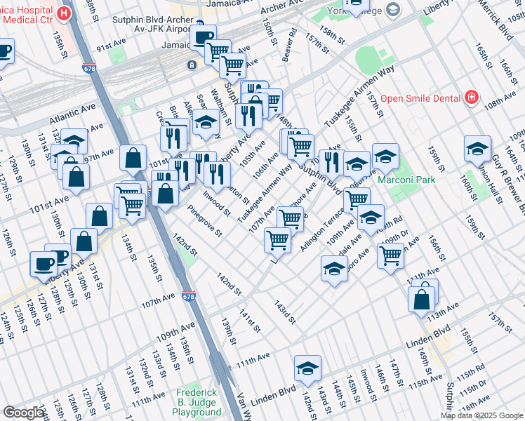 map of restaurants, bars, coffee shops, grocery stores, and more near 106-44 Princeton Street in Queens