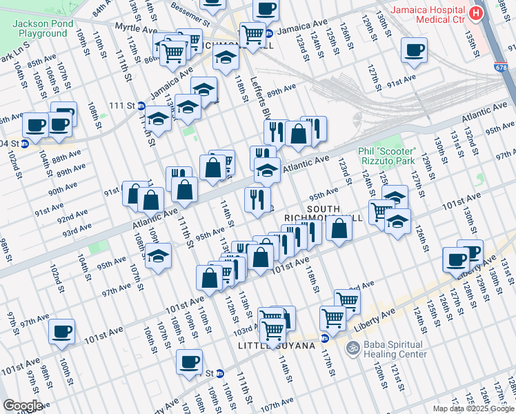 map of restaurants, bars, coffee shops, grocery stores, and more near 94-46 116th Street in Queens