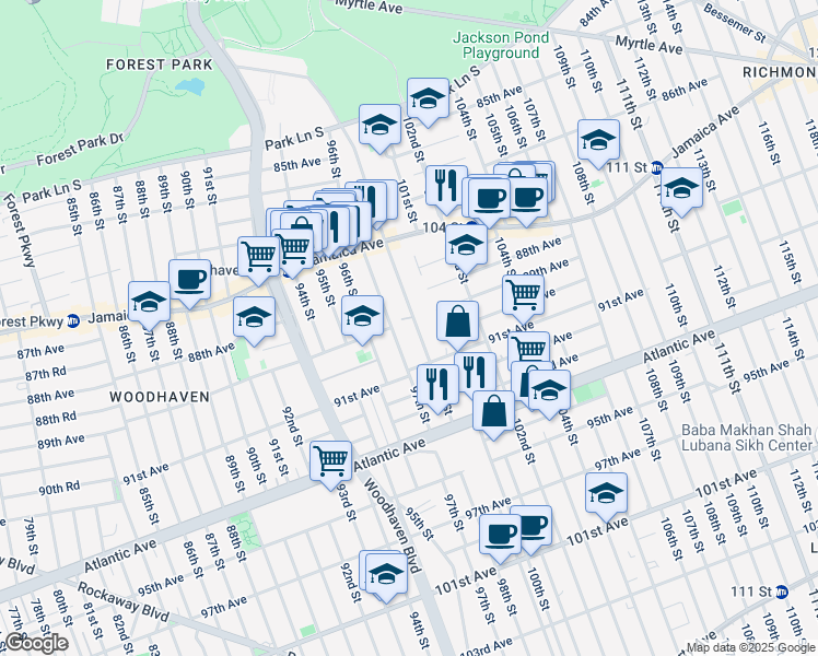 map of restaurants, bars, coffee shops, grocery stores, and more near 89-14 98th Street in Queens
