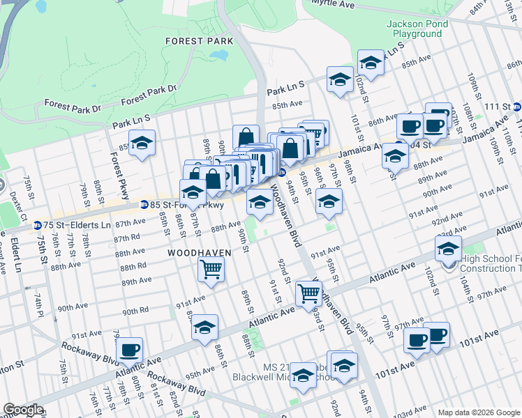 map of restaurants, bars, coffee shops, grocery stores, and more near 9206 88th Avenue in Queens