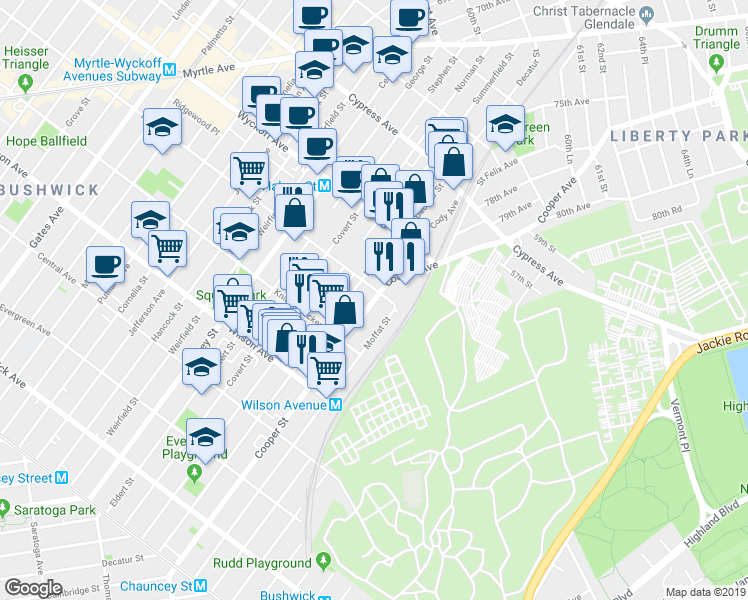 map of restaurants, bars, coffee shops, grocery stores, and more near in 