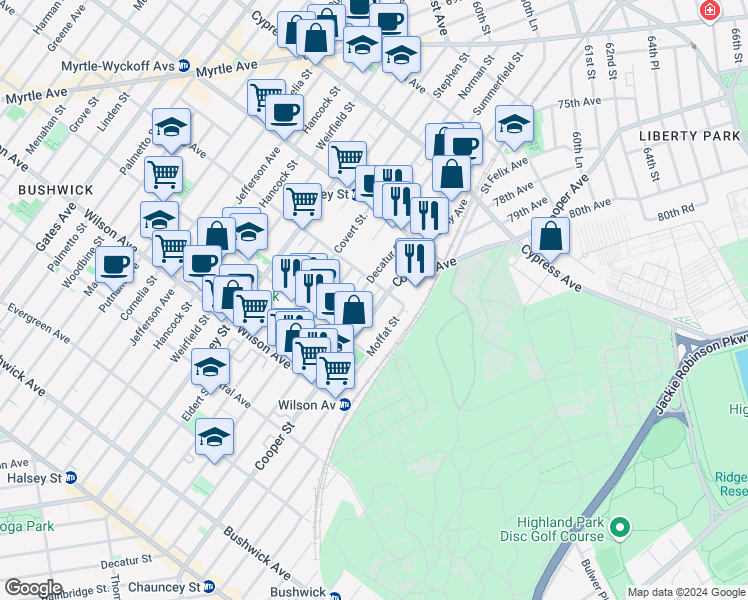 map of restaurants, bars, coffee shops, grocery stores, and more near in 