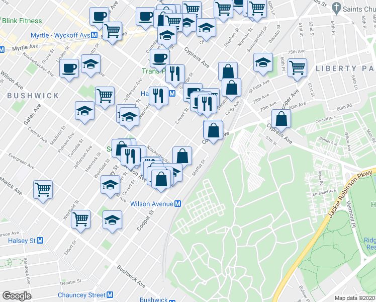 map of restaurants, bars, coffee shops, grocery stores, and more near in 