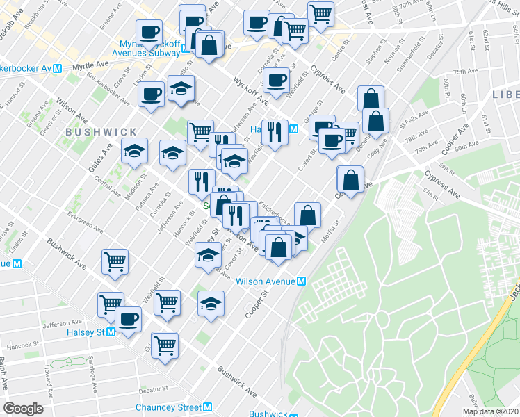 map of restaurants, bars, coffee shops, grocery stores, and more near 830 Knickerbocker Avenue in Brooklyn
