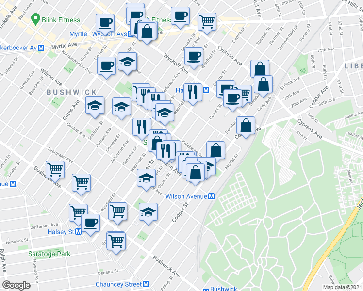 map of restaurants, bars, coffee shops, grocery stores, and more near 273 Eldert Street in Brooklyn