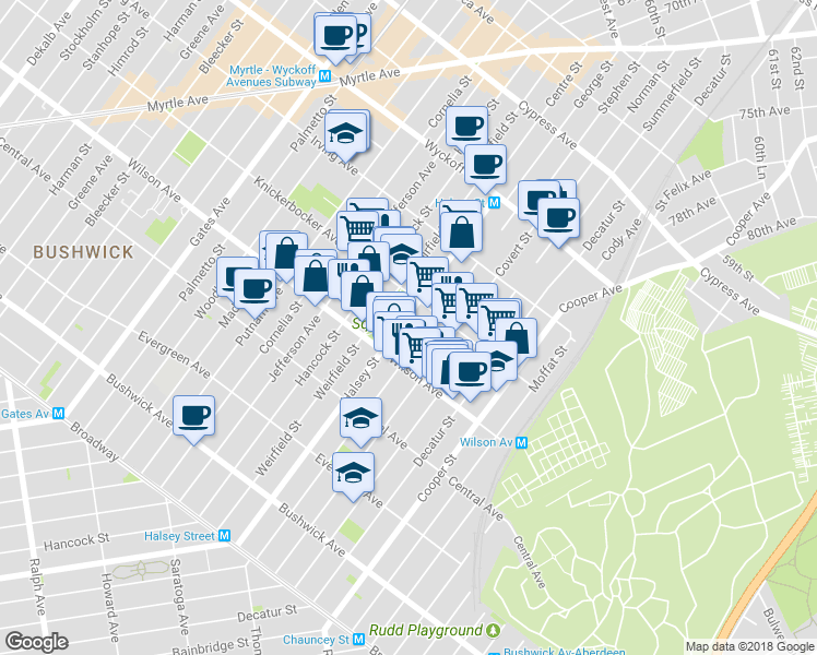 map of restaurants, bars, coffee shops, grocery stores, and more near 273 Eldert Street in Brooklyn