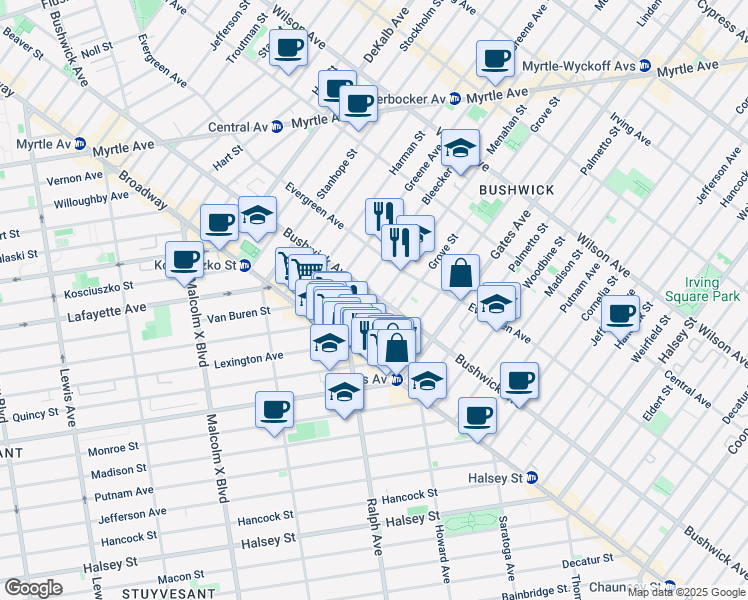 map of restaurants, bars, coffee shops, grocery stores, and more near 978 Bushwick Avenue in Brooklyn