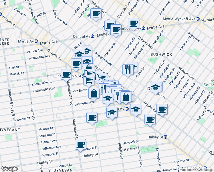 map of restaurants, bars, coffee shops, grocery stores, and more near 13 Goodwin Place in Brooklyn